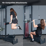 Split image: on the left, a woman does weighted pull-ups with a dip belt; on the right, she uses the Bells of Steel Lat Pulldown Low Row Machine. Text above reads, "15+ Compatible Attachments.