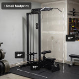 The Bells of Steel Lat Pulldown Low Row Machine with selectorized stack resistance is shown in a garage, measuring 42" W x 70" L x 87" H. A "Small footprint" label highlights its compact size; weight plates and tools are nearby.
