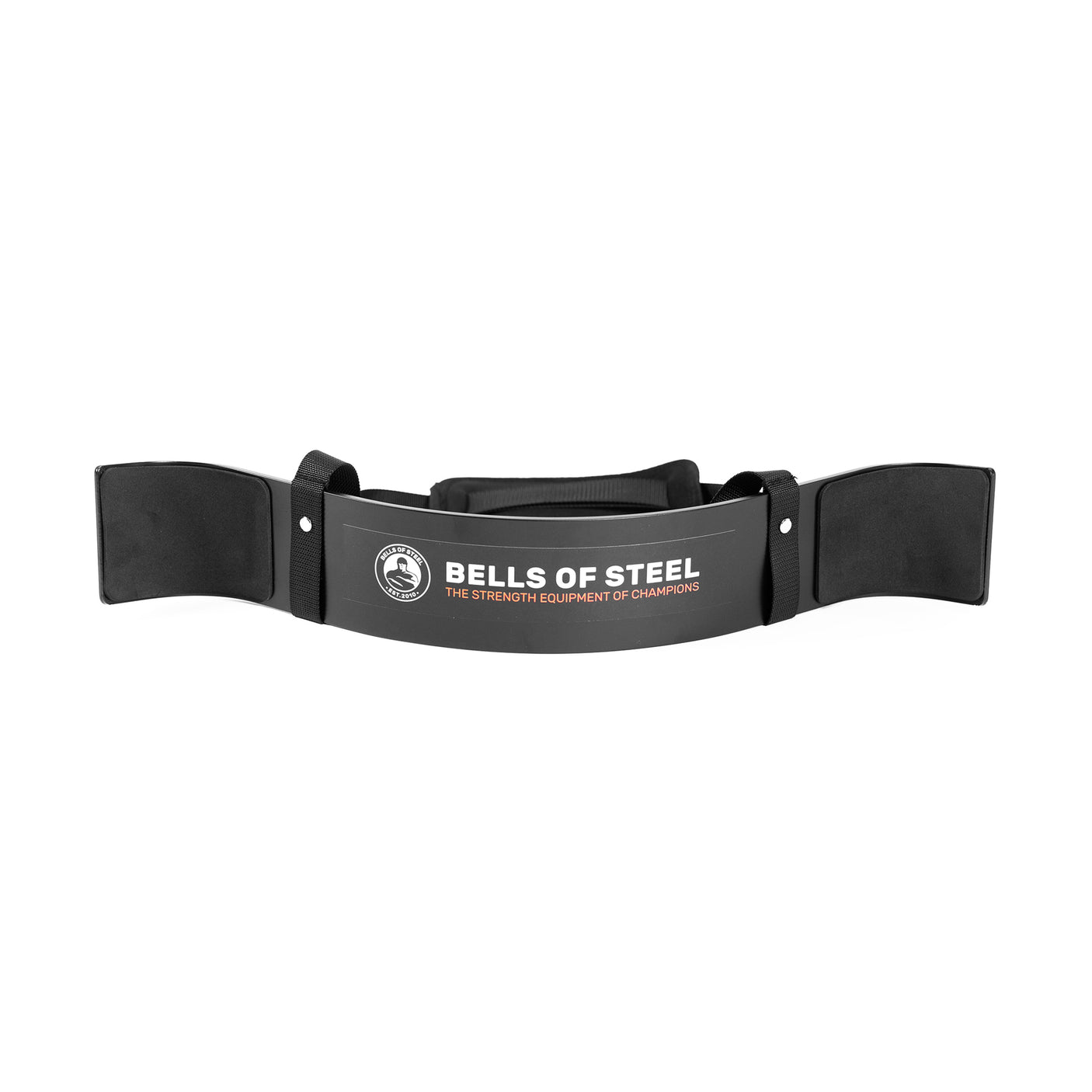 The Bells of Steel Arm Blaster is a black, padded arm support with a neck strap and the brand’s logo—ideal for isolating biceps during curls or providing extra support for tricep pushdowns.