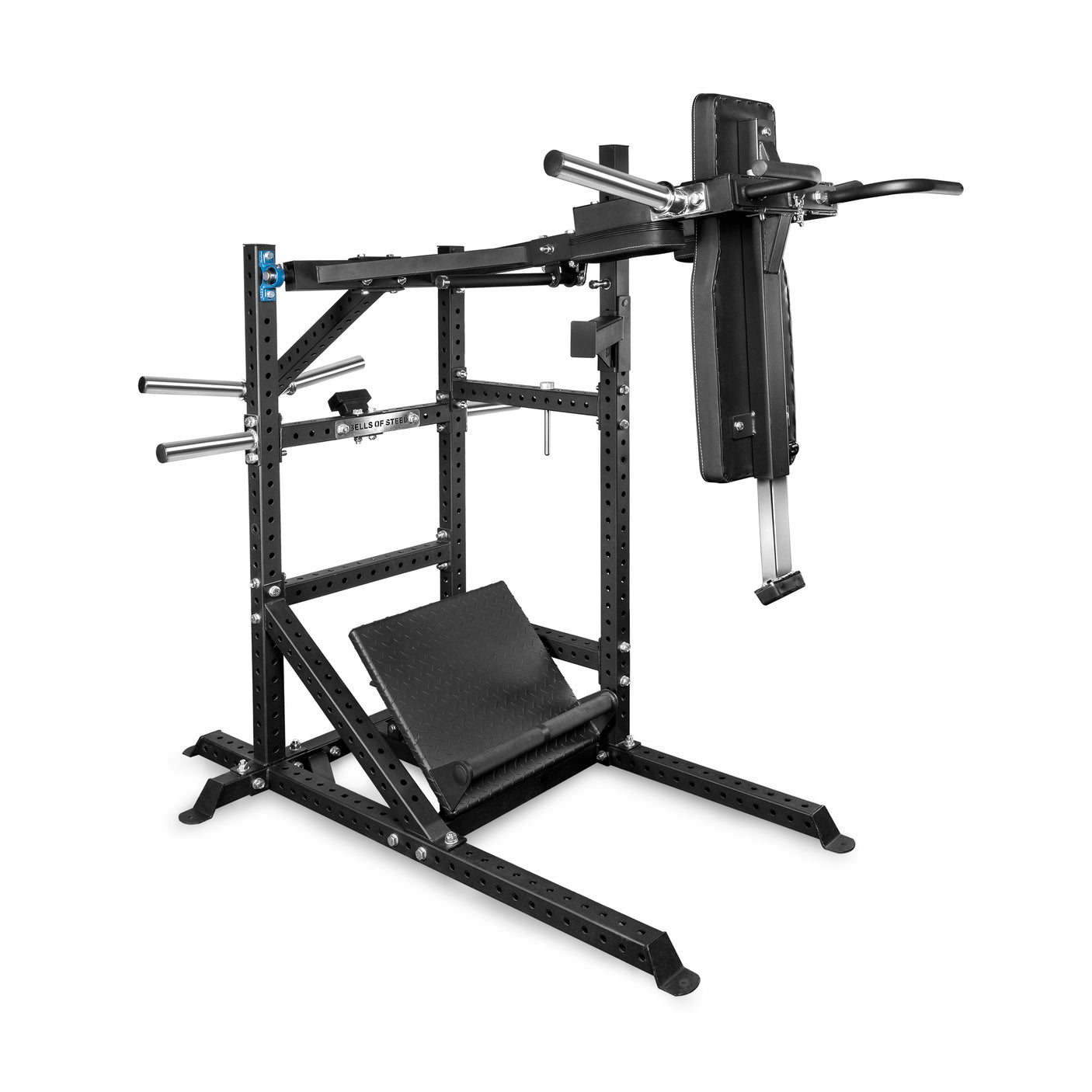 The Bells of Steel USA Pandemonium Squat is a 3-in-1 black metal machine with padded supports, angled footplate, handles, and adjustable settings for pendulum squats, calf presses, and Viking presses to strengthen the lower body.