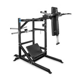 The Bells of Steel USA Pandemonium Squat is a 3-in-1 black metal machine with padded supports, angled footplate, handles, and adjustable settings for pendulum squats, calf presses, and Viking presses to strengthen the lower body.