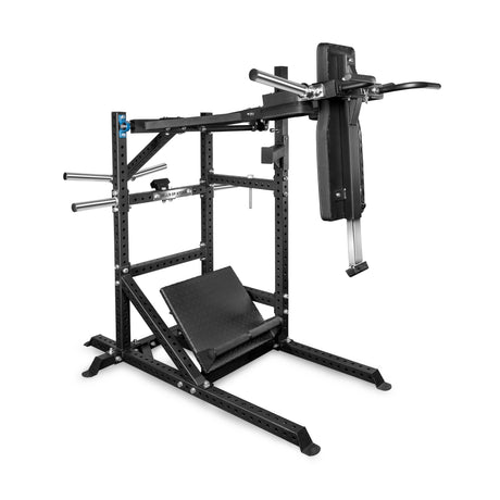 The Bells of Steel USA Pandemonium Squat is a 3-in-1 black metal machine with padded supports, angled footplate, handles, and adjustable settings for pendulum squats, calf presses, and Viking presses to strengthen the lower body.
