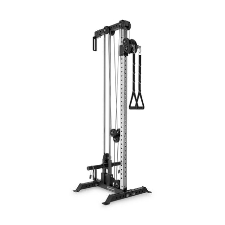 The Bells of Steel Cable Tower is a tall, black and silver home gym unit with adjustable pulleys, multiple weight settings, and a single handle for versatile strength training exercises.
