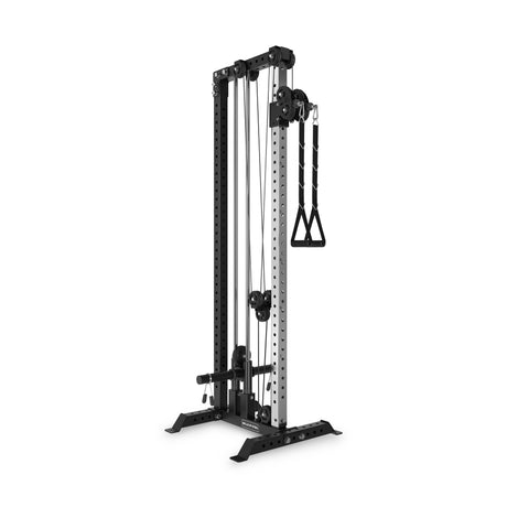 The Bells of Steel Cable Tower features a black and silver design, single handle attachment, adjustable height settings, and sturdy base—ideal for effective strength training in your home gym.