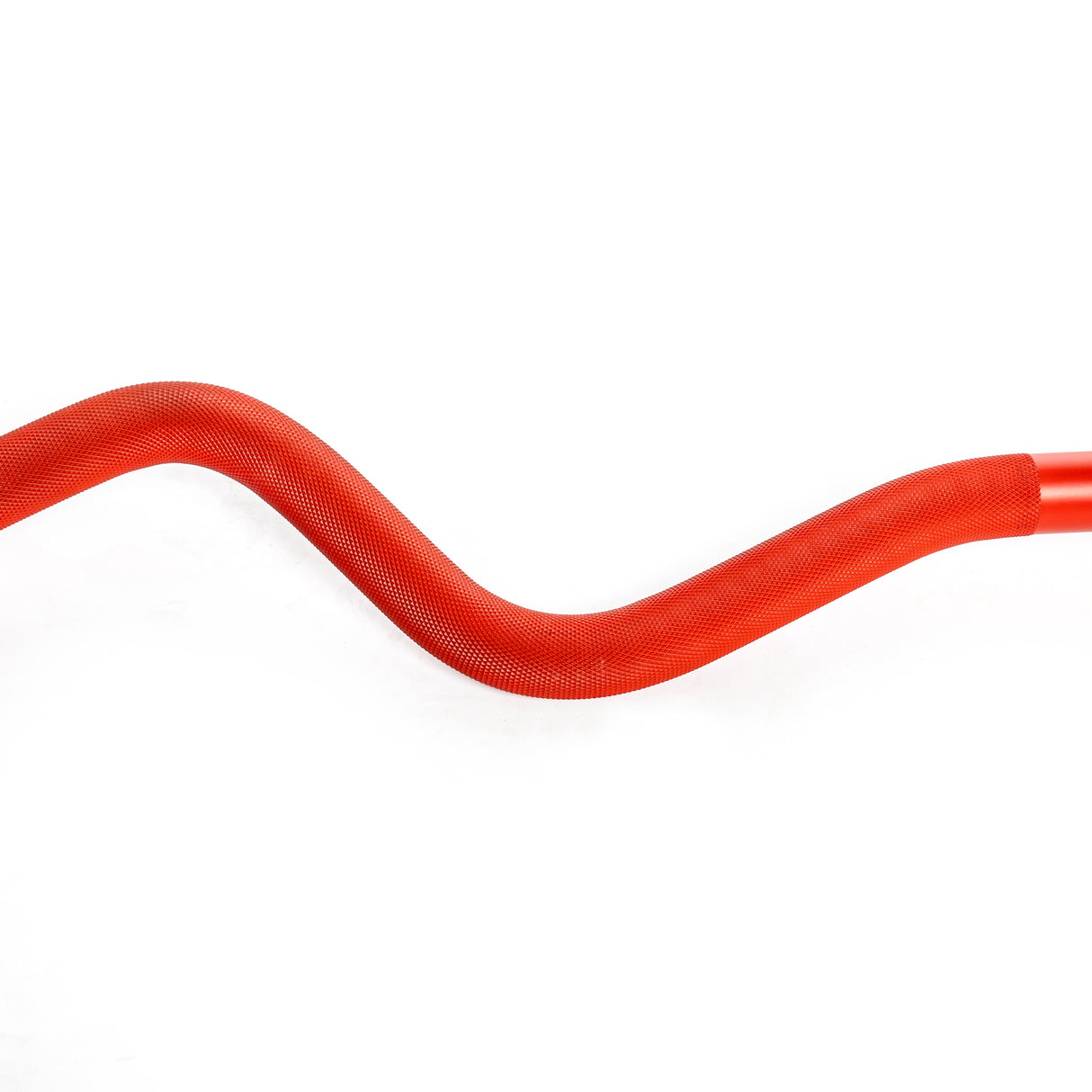 The 100% RAW Competition Curl Bar by Bells of Steel features an aggressive knurl on its bright red handlebar, standing out against a white background and smoothly curving in an S-shape from left to right.