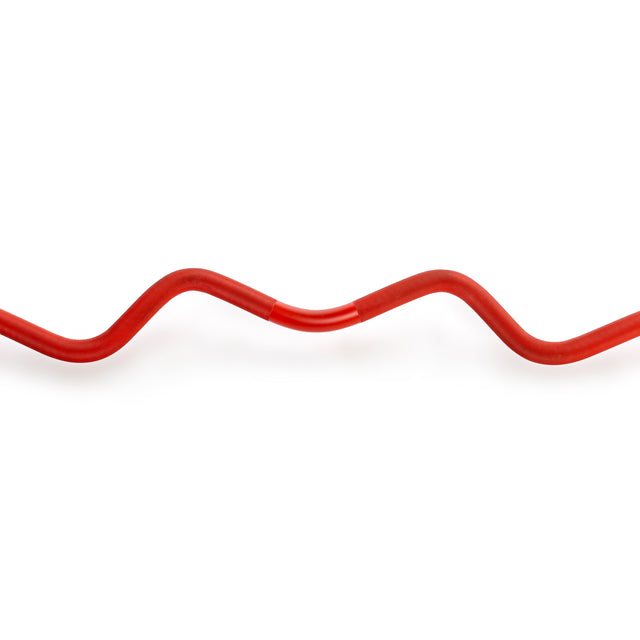 A red wavy line in a zigzag pattern on a white background resembles the aggressive knurl of the Bells of Steel 100% RAW Competition Curl Bar.