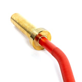 A close-up shows a brass threaded rod attached to the red textured handle of the 100% RAW Competition Curl Bar by Bells of Steel. The handle features an aggressive knurl for enhanced grip, angled away from the rod with a reflective shiny brass finish, all set against a white background.