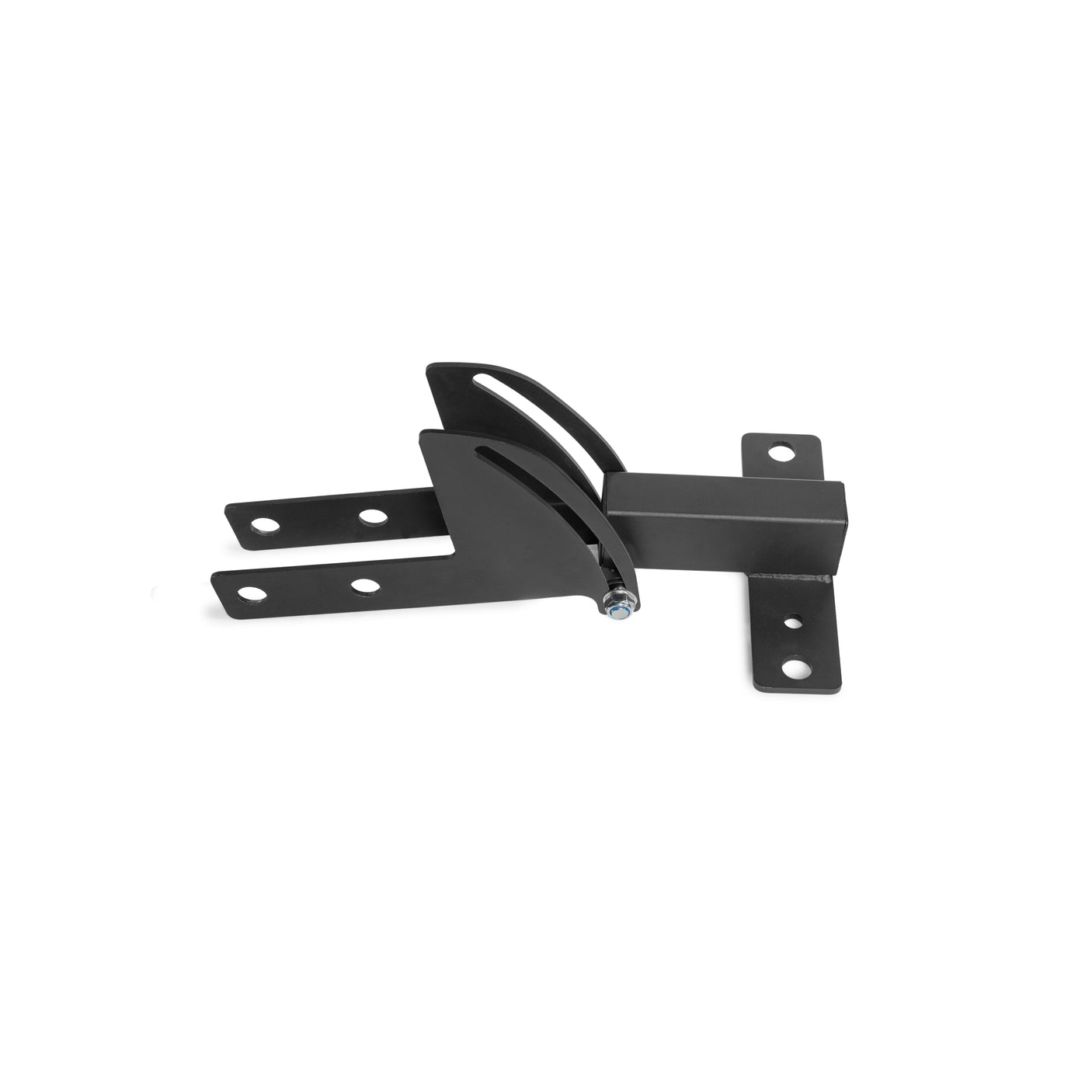 The Bells of Steel USA 3x3 Cable Tower to Rack Connection Kit is a black metal bracket with multiple flat arms, mounting holes, a curved center piece, and visible bolt. It’s ideal for center-mount cable tower installations. Photographed on white background.
