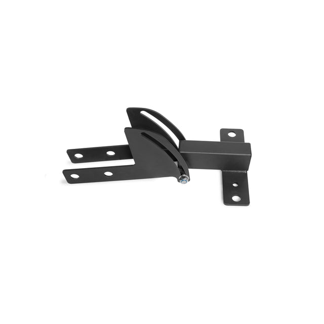 The Bells of Steel USA 3x3 Cable Tower to Rack Connection Kit is a black metal bracket with multiple flat arms, mounting holes, a curved center piece, and visible bolt. It’s ideal for center-mount cable tower installations. Photographed on white background.