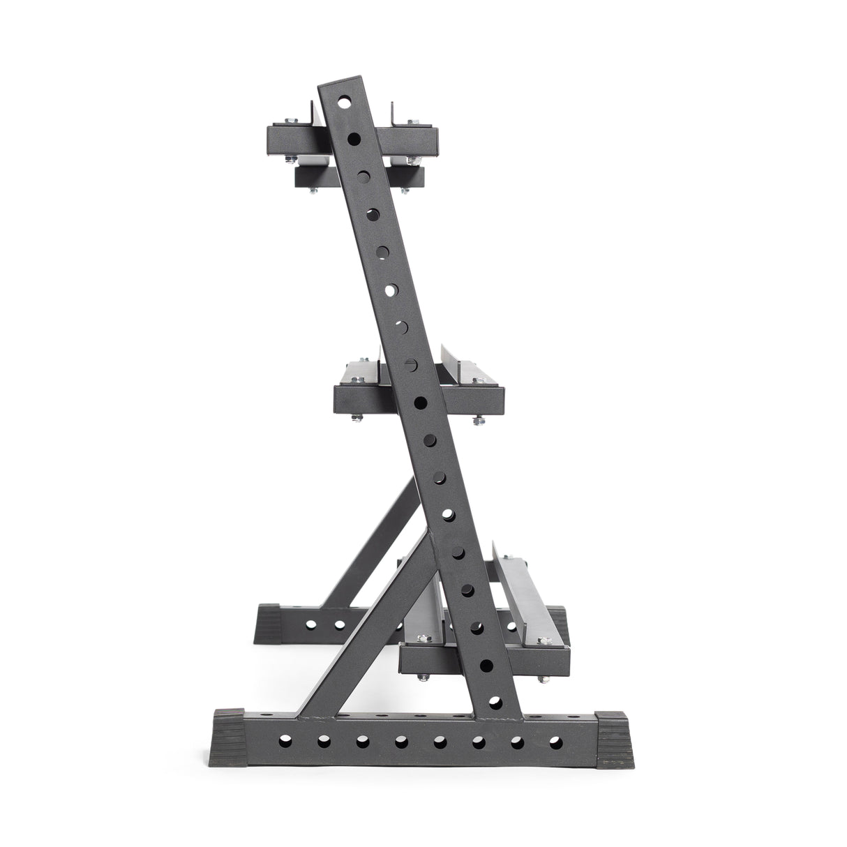 The Residential Dumbbell Rack by Bells of Steel is a black, three-tiered rack with an industrial design ideal for home gyms. Its sturdy triangular frame holds hex dumbbells and has evenly spaced holes along the supports.