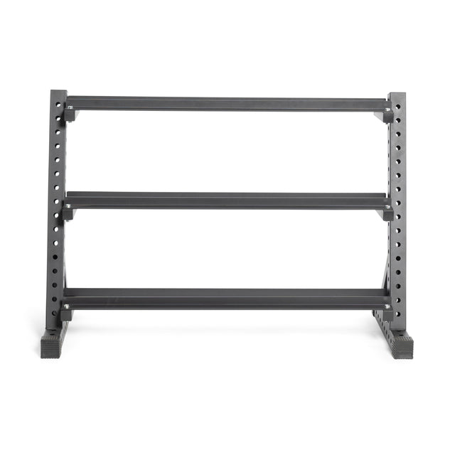 The Bells of Steel Residential Dumbbell Rack is a sturdy, three-tier metal rack with adjustable slots and a sleek matte black finish, perfect for organizing hex dumbbells in home gyms or commercial settings efficiently.