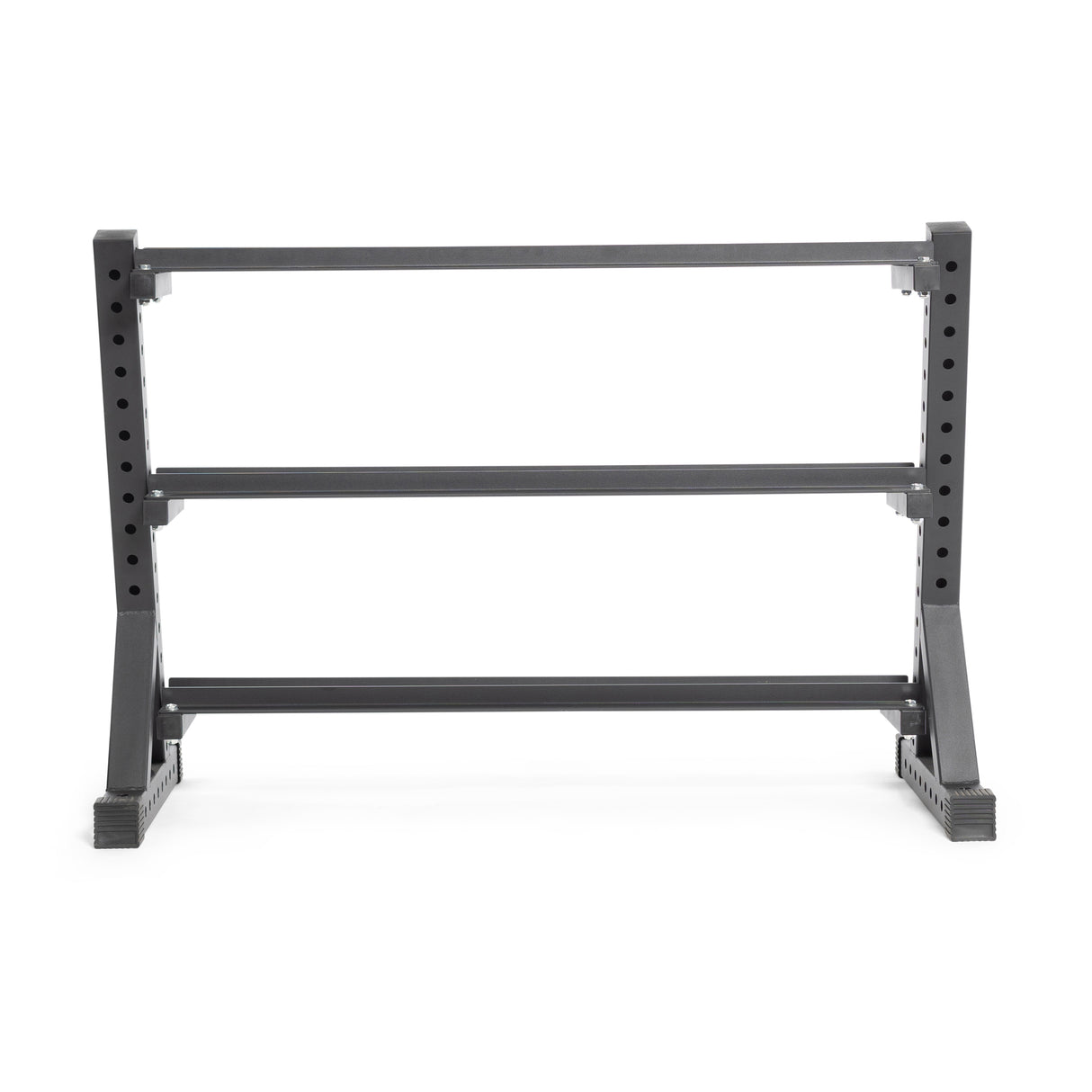 The Bells of Steel Residential Dumbbell Rack is a gray, three-tier rack ideal for hex dumbbells. It features sturdy construction, a slanted base for stability, and offers a simple yet functional design perfect for organizing home gym equipment.