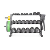 The Bells of Steel Residential Dumbbell Rack is perfect for a home gym, showcasing hex dumbbells, weight plates, and a barbell. The neatly arranged plates display black, green, and yellow hues on a white background.