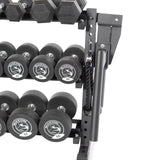 The Bells of Steel Residential Dumbbell Rack, featuring round black dumbbells from 25 to 55 pounds and a coiled rope attachment, is perfect for versatile workouts in your home gym.