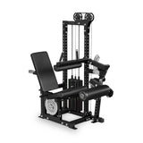 The Bells of Steel USA Basilisk Stack Loaded Leg Extension / Leg Curl is a black machine with adjustable seat and backrest, 310 lb stack, padded rollers, and cables for versatile strength training exercises.