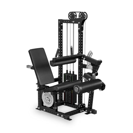 The Bells of Steel USA Basilisk Stack Loaded Leg Extension / Leg Curl is a black machine with adjustable seat and backrest, 310 lb stack, padded rollers, and cables for versatile strength training exercises.