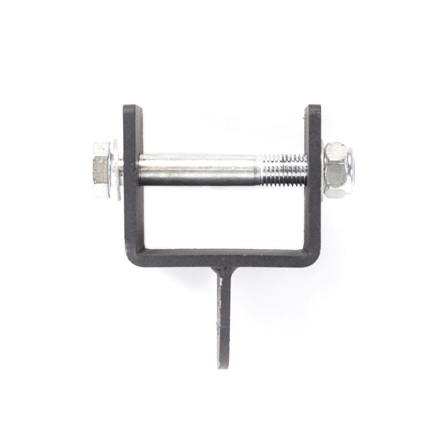 The Bells of Steel Utility Shackle Rack Attachment is a versatile tool featuring a horizontal bolt at the top and a vertical pin extending downward. Its plain white background enhances visibility, making it ideal for home gym rack attachments.