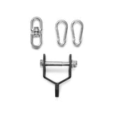 Four metal hardware pieces from Bells of Steel are shown on a white background: two carabiners, one swivel connector, and one black U-shaped bracket with a bolt and nut—the Utility Shackle Rack Attachment, perfect for mounting gym equipment or enhancing your home gym accessories collection.