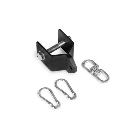 The Bells of Steel Utility Shackle Rack Attachment includes a black metal mounting bracket with bolt, two silver carabiners, and two swivel connectors—ideal for gym equipment mounting or upgrading your home gym accessories, shown on a white background.