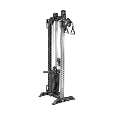 The Bells of Steel USA Oblivyon Tower - 3" x 3” Cable Tower is a tall, black and silver machine with adjustable pulleys, weight stack, and handles for versatile strength and resistance exercises in gym or home gym setups.