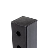 Close-up of a black, rectangular metal 60mm upright pole with dual holes on one side. The top features a compatible flat square metal piece from Bells of Steel's End Cap for 60mm Uprights (Single).