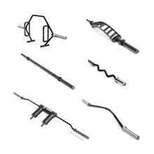 The Bells of Steel USA Specialty Bar Bundle includes six specialty barbells—trap/hex bar, swiss bar, straight barbell, curl bar, safety squat bar, and cambered bar—arranged on a white background.