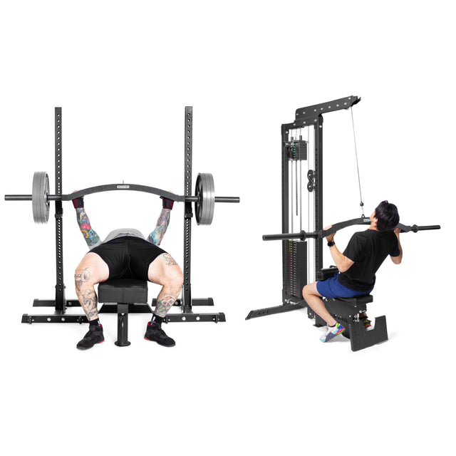 Two people exercising against a white background: one using the Bells of Steel USA Specialty Bar Bundle for a bench press, the other performing a lat pulldown on gym equipment.