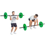 A man in athletic wear shows a barbell move with the Bells of Steel USA Specialty Bar Bundle: first, he holds the trap/hex bar at shoulder height; then he bends over, gripping it close to the floor.