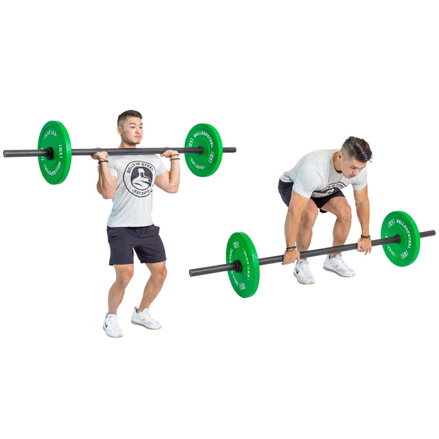 A man in athletic wear shows a barbell move with the Bells of Steel USA Specialty Bar Bundle: first, he holds the trap/hex bar at shoulder height; then he bends over, gripping it close to the floor.