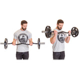 A man in a gray t-shirt performs a bicep curl with the Bells of Steel USA Specialty Bar Bundle, starting with arms down on the left and lifting the specialty barbell toward his chest on the right.