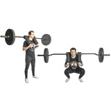 Two images show a man using the Bells of Steel USA Specialty Bar Bundle: in one, he stands holding the padded bar on his shoulders; in the other, he squats, keeping the Specialty Bar steady on his shoulders.