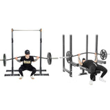 Two people use the Bells of Steel USA Specialty Bar Bundle in a white gym: one does a back squat with a trap/hex bar, while the other performs a bench press. Both lifts utilize specialty barbells from the bundle.