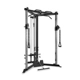 The Bells of Steel All-in-One Trainer is a versatile cable machine gym station with adjustable pulleys and multiple attachments, featuring black and silver metal construction—ideal for any home gym strength training setup.
