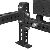 Close-up of Bells of Steel USA Rack Junctions - 3" x 3", showcasing sturdy black metal, numbered adjustment holes, and locking bolts—perfect for creating a customizable rack setup in any home gym.