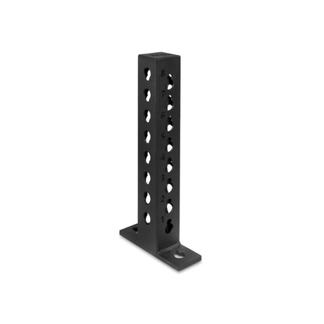 The Bells of Steel USA Rack Junctions - 3" x 3" is a black metal upright bracket with multiple numbered holes and a flat base, ideal for customizable rack setups or securing fitness equipment in your home gym.