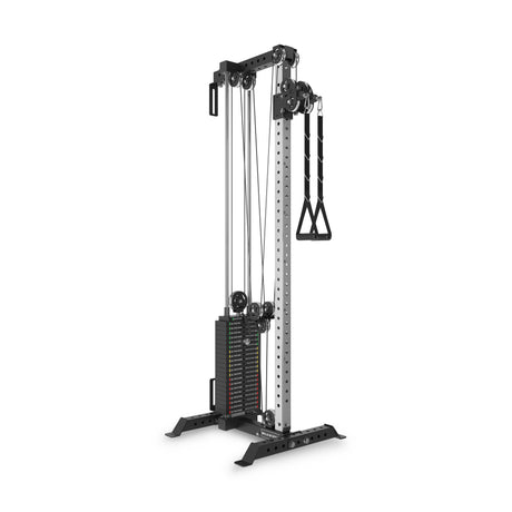 The Bells of Steel Cable Tower is a tall, black and silver unit with adjustable pulleys, weight stack, and single handle—ideal for versatile strength training in your home gym.