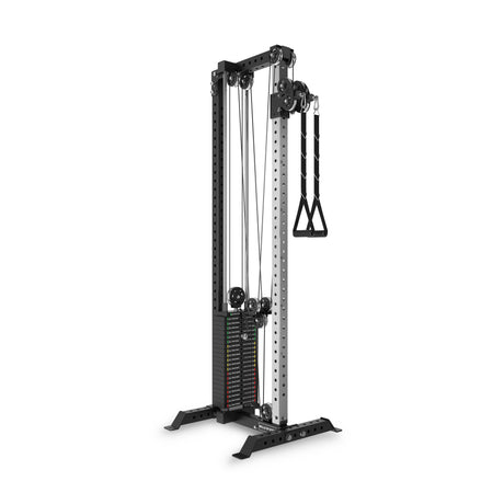 The Bells of Steel Cable Tower is a black and silver strength training machine with adjustable pulleys, weight stacks, and a single handle attachment, ideal for gym or home gym use.