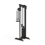 The Bells of Steel Cable Tower features adjustable cable pulleys, adjustable handles, a weight stack, and a sturdy rectangular black and silver frame for versatile strength training and cable machine exercises.