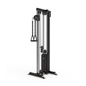 Introducing the Bells of Steel Cable Tower, a sleek freestanding black machine with a visible weight stack at the bottom. It features adjustable pulleys and handles for versatile fitness exercises.