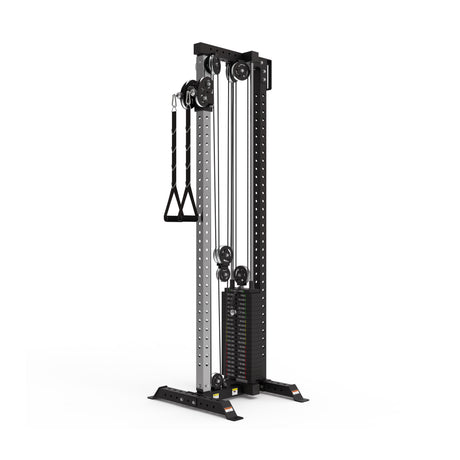 The Bells of Steel Cable Tower is a black and silver cable machine with adjustable pulleys, weight stack, and single handle. Its frame has multiple holes for easy height adjustments—ideal for a range of cable exercises.