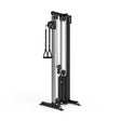 The Bells of Steel Cable Tower features adjustable pulleys, a weight stack, and handles for versatile cable exercises. This black and silver machine stands upright on a sturdy base to support effective strength training.