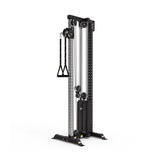 The Bells of Steel Cable Tower features adjustable pulleys, a weight stack, and handles for versatile cable exercises. This black and silver machine stands upright on a sturdy base to support effective strength training.
