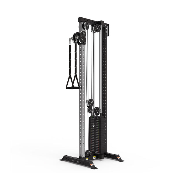 The Bells of Steel Cable Tower features adjustable pulleys, a weight stack, and handles for versatile cable exercises. This black and silver machine stands upright on a sturdy base to support effective strength training.