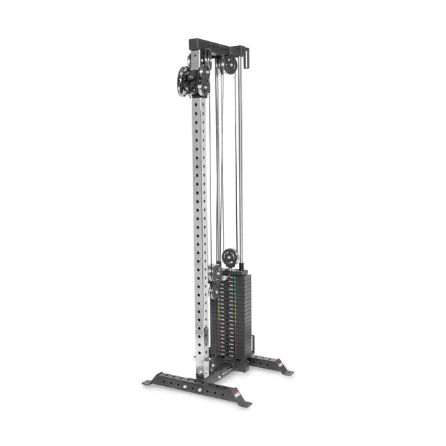 The Bells of Steel Cable Tower boasts adjustable weight stacks, a durable metal frame, and is ideal for strength training. It provides versatile exercises with pulley systems and adjustable handles atop a sturdy base with multiple adjustment points.