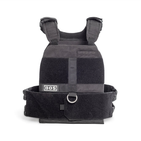 The black Bells of Steel USA Weighted Vest and Plates features adjustable straps, a front metal ring, and a "BOS" logo patch on the right. It's designed for holding weights and offers multiple sections for equipment or accessory attachment.