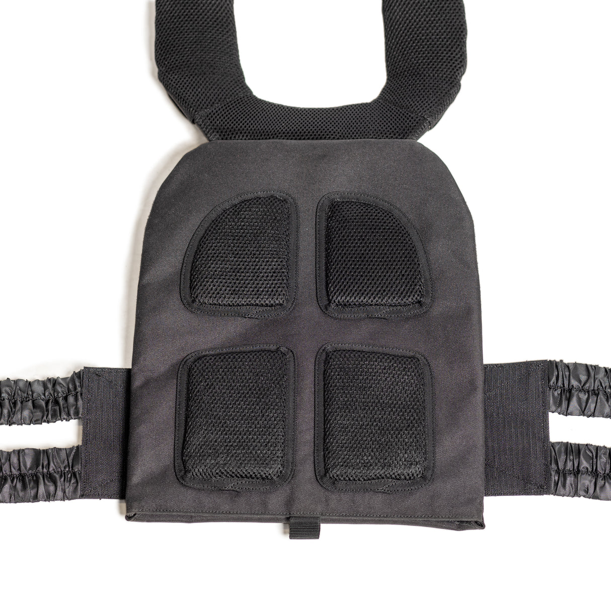 The Bells of Steel Weighted Vest is black with cushioned shoulder straps and four padded front sections. It features elastic side straps for flexibility and comfort, designed to hold training plates for durability and sturdiness during workouts.