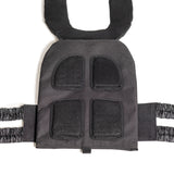 The Bells of Steel Weighted Vest is black with cushioned shoulder straps and four padded front sections. It features elastic side straps for flexibility and comfort, designed to hold training plates for durability and sturdiness during workouts.