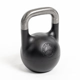 A black Mark Wildman Adjustable Kettlebell from Bells of Steel with a metallic handle is displayed against a white background, featuring the embossed logo. Perfect for versatile workouts and robust quality seekers.