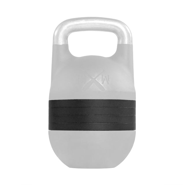 The Bells of Steel Mark Wildman Adjustable Kettlebell features a gray body, shiny silver handle, and multiple black weight plates stacked around the center, shown isolated on a white background.
