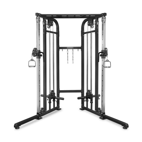 The Bells of Steel Functional Trainer is a black and silver cable machine with adjustable pulleys, two handles, and multiple attachment hooks for versatile strength training exercises.